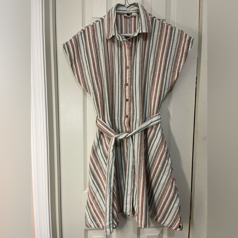 Roxy Button front Striped Preppy Linen Blend Belted Dress size Medium